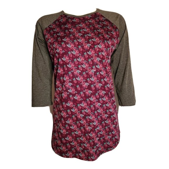 Lularoe Randy T Top Womens Size M Purple Roses Floral Gray Sleeve Hidden Mickey - Picture 1 of 7